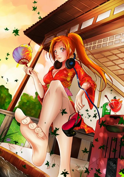 Anime picture 1356x1930 with single long hair tall image ponytail japanese clothes barefoot orange hair orange eyes girl kimono headphones leaf (leaves) fan