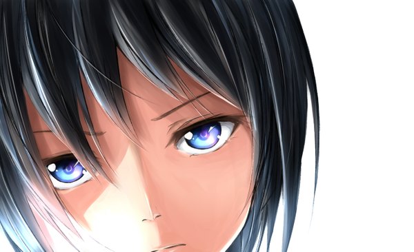 イラスト 1400x855 と オリジナル ミナミト ソロ カメラ目線 短い髪 青い目 simple background wide image 白背景 close-up face dark hair 女の子