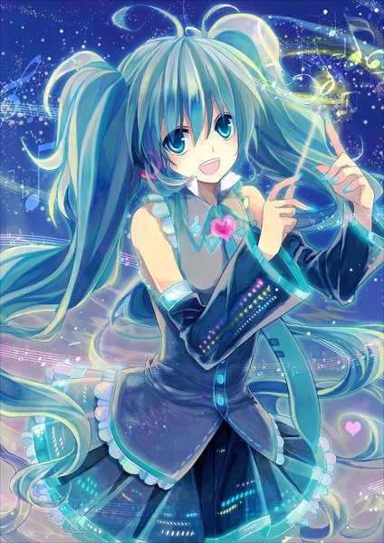 Anime picture 1000x1415 with vocaloid hatsune miku t miyanagi single long hair tall image looking at viewer open mouth blue eyes twintails blue hair sky girl skirt detached sleeves necktie headphones musical note wand