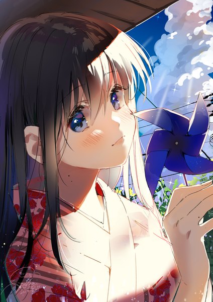 Anime picture 2894x4093 with original geshumaro single long hair tall image looking at viewer blush fringe highres breasts blue eyes black hair hair between eyes holding signed payot sky cloud (clouds) upper body traditional clothes