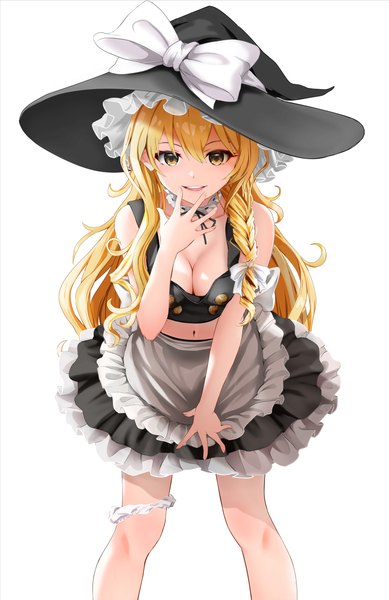 Anime picture 1894x2918 with touhou kirisame marisa gibun (sozoshu) single long hair tall image looking at viewer fringe highres breasts open mouth light erotic simple background smile hair between eyes standing white background yellow eyes cleavage braid (braids)