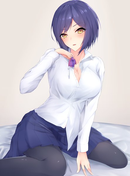 Anime picture 1436x1944 with virtual youtuber nijisanji shizuka rin ranju aira single tall image looking at viewer blush fringe short hair breasts open mouth light erotic sitting yellow eyes blue hair cleavage bent knee (knees) pleated skirt open collar