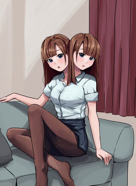 Anime picture 1471x2000 with original mellonbollar single long hair tall image looking at viewer blush fringe open mouth blue eyes brown hair sitting bent knee (knees) blunt bangs nail polish arm support short sleeves siamese twins girl skirt
