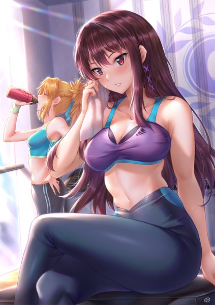 Anime picture 1500x2128 with fate (series) fate/grand order adidas scathach (fate) (all) mordred (fate) scathach skadi (fate) hua-j long hair tall image looking at viewer blush fringe breasts light erotic blonde hair hair between eyes red eyes large breasts standing sitting
