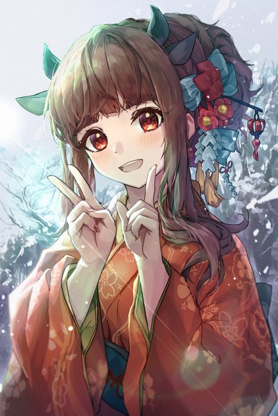 Anime picture 2508x3751 with idolmaster idolmaster cinderella girls kamiya nao shino sto single long hair tall image blush fringe highres open mouth red eyes brown hair animal ears payot upper body blunt bangs traditional clothes :d japanese clothes