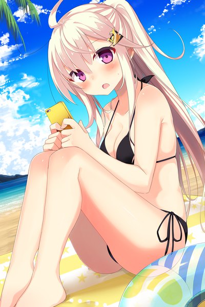 Anime picture 684x1024 with sachiiro hanamizuki mizuki sasahara sasahara wakaba single tall image looking at viewer blush fringe breasts light erotic blonde hair hair between eyes sitting purple eyes holding payot sky cloud (clouds) ahoge bent knee (knees)