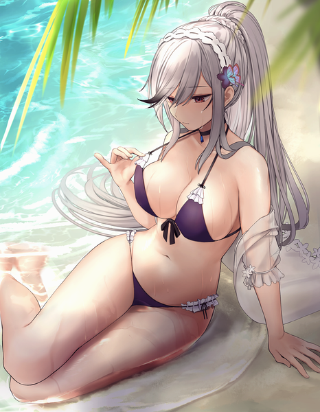 Anime picture 1258x1617 with azur lane dunkerque (azur lane) dunkerque (summer sucre) (azur lane) kinokorec single long hair tall image blush fringe breasts light erotic hair between eyes large breasts sitting bare shoulders brown eyes payot looking away cleavage outdoors