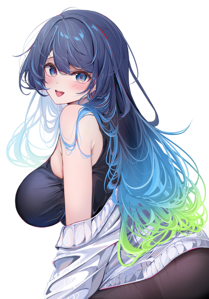 Anime picture 2858x4096 with original natsumi (komupi) komupi1013 single long hair tall image looking at viewer blush fringe highres breasts open mouth blue eyes light erotic black hair simple background hair between eyes large breasts white background :d