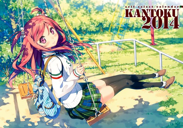 Anime picture 7028x4939 with 5 nenme no houkago (artbook) original kurumi (kantoku) kantoku single long hair looking at viewer blush highres smile twintails absurdres pleated skirt pink eyes scan orange hair official art short twintails calendar 2014 girl