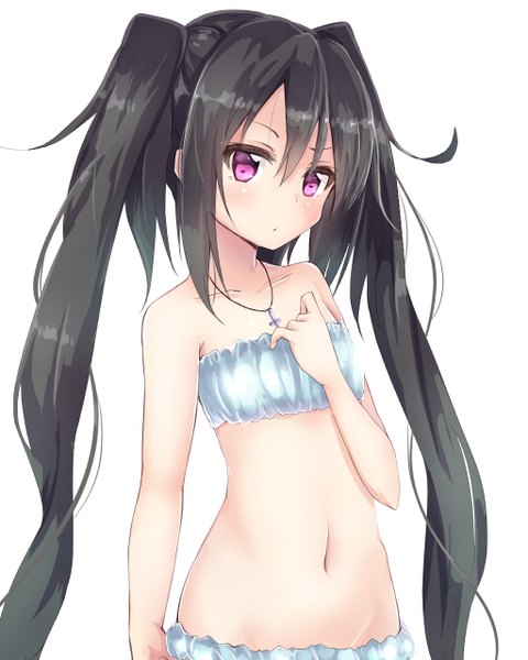 Anime picture 1024x1280 with original note-chan amano kouki single long hair tall image looking at viewer blush light erotic black hair simple background hair between eyes white background purple eyes twintails underwear only girl navel underwear pendant