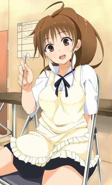 Anime picture 1200x1986 with working!! a-1 pictures taneshima popura haine single long hair tall image open mouth brown hair sitting brown eyes ahoge ponytail waitress girl skirt miniskirt shirt apron chair