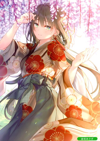 Anime picture 2105x2958 with original melonbooks toosaka asagi single long hair tall image looking at viewer blush fringe highres open mouth black hair smile hair between eyes standing green eyes signed traditional clothes :d japanese clothes