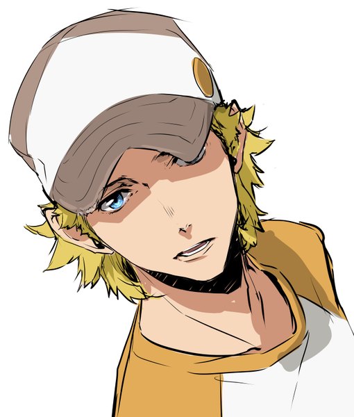 Anime picture 2688x3160 with vamp! yellow bridgestone enami katsumi single tall image highres short hair open mouth blue eyes simple background blonde hair white background from above portrait shaded face boy baseball cap