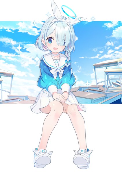 Anime picture 846x1203 with blue archive arona (blue archive) nyoronyoro single tall image looking at viewer fringe short hair open mouth blue eyes sitting sky silver hair cloud (clouds) full body braid (braids) :d hair over one eye bare legs side braid