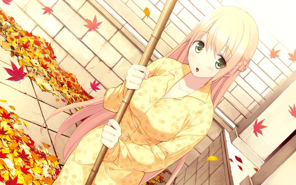 Anime picture 1024x640 with akizora ni mau confetti sakura nanami long hair blonde hair wide image green eyes game cg girl leaf (leaves) pajamas