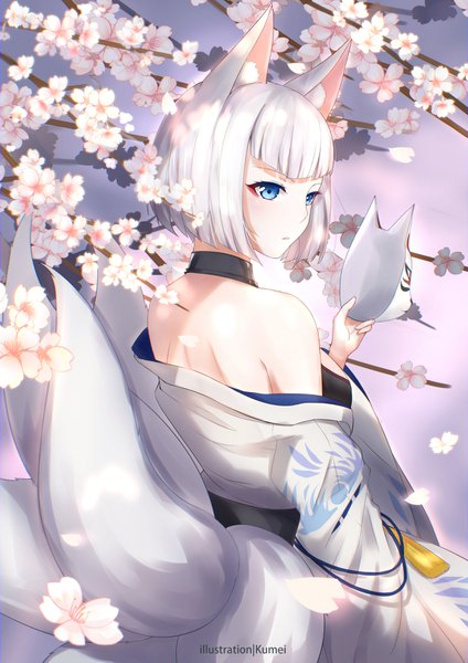 Anime picture 2480x3507 with azur lane kaga (azur lane) kumei single tall image blush fringe highres short hair blue eyes standing bare shoulders holding signed animal ears looking away tail blunt bangs traditional clothes japanese clothes