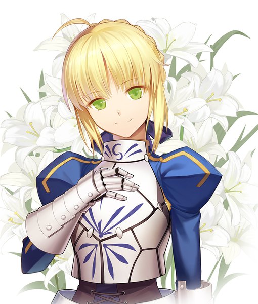 Anime picture 850x1000 with fate (series) fate/stay night artoria pendragon (all) saber vmax-ver (a3eilm2s2y) single tall image looking at viewer short hair simple background blonde hair smile white background green eyes ahoge braid (braids) head tilt puffy sleeves hand on chest side braid