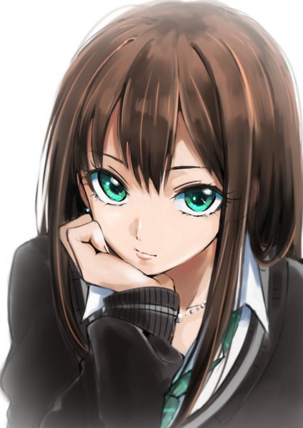 Anime picture 636x900 with idolmaster idolmaster cinderella girls shibuya rin tsukikage oyama single long hair tall image looking at viewer fringe simple background hair between eyes brown hair white background green eyes arm support portrait girl shirt necktie white shirt