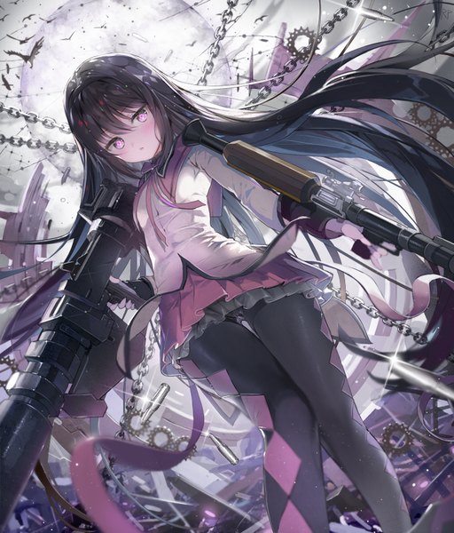 Anime picture 759x889 with mahou shoujo madoka magica shaft (studio) akemi homura repi987 single tall image looking at viewer fringe open mouth light erotic black hair standing purple eyes holding sky very long hair pleated skirt pink eyes wind night