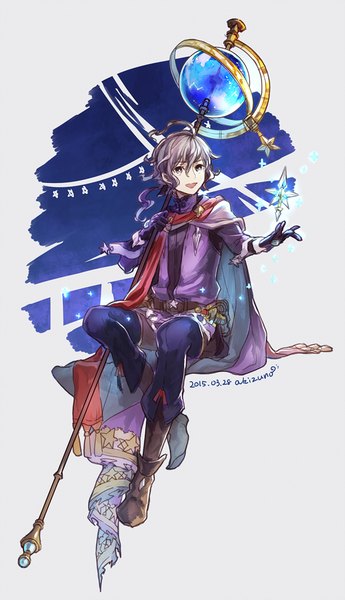 Anime picture 575x1000 with granblue fantasy johann (granblue fantasy) akizuno single long hair tall image fringe open mouth hair between eyes sitting signed looking away ahoge grey hair grey background grey eyes outstretched arm dated boy star (symbol)