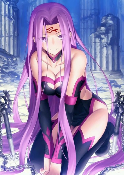 Anime picture 819x1152 with fate (series) fate/stay night type-moon rider takeuchi takashi single tall image looking at viewer breasts light erotic smile large breasts sitting purple eyes bare shoulders cleavage purple hair bent knee (knees) long sleeves very long hair