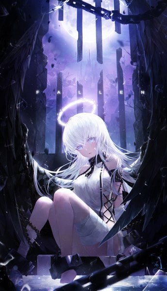 Anime picture 4300x7500 with original crystalherb single long hair tall image looking at viewer blush fringe highres hair between eyes sitting absurdres bent knee (knees) white hair aqua eyes depth of field tears text side slit english