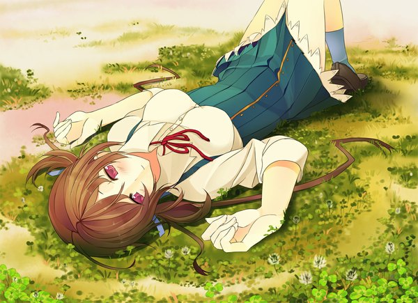 Anime picture 1170x850 with koi to senkyo to chocolate aomi isara akinashi yuu brown hair lying pink eyes girl plant (plants) serafuku grass