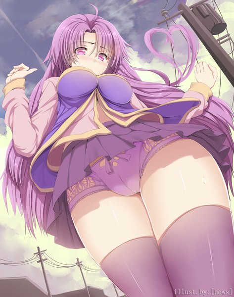 Anime picture 1230x1560 with original hews long hair tall image blush light erotic purple eyes purple hair cloud (clouds) from below cameltoe thick thighs girl thighhighs dress underwear panties miniskirt