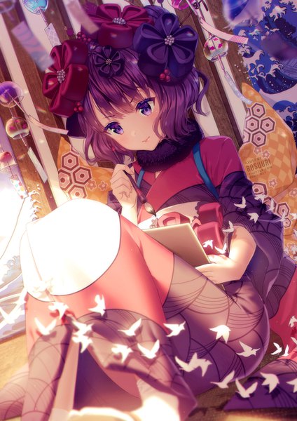 Anime picture 900x1273 with fate (series) fate/grand order kanagawa okinami ura katsushika hokusai (fate/grand order) rosuuri single tall image blush fringe short hair hair between eyes sitting purple eyes holding signed purple hair traditional clothes japanese clothes dutch angle depth of field