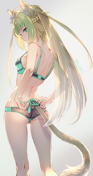 Anime-Bild 531x1000 mit fate (series) fate/grand order fate/apocrypha atalanta (fate) miyuki ruria single long hair tall image looking at viewer blush fringe breasts light erotic blonde hair simple background standing green eyes signed animal ears ahoge