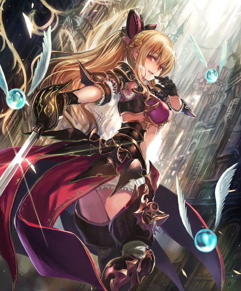 Anime picture 848x1024 with granblue fantasy vira lilie tagme (artist) single long hair tall image blush fringe breasts open mouth light erotic blonde hair smile hair between eyes red eyes standing holding payot bent knee (knees) ponytail