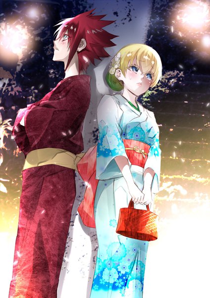 Anime picture 1448x2048 with sousei no onmyouji studio pierrot otomi mayura ikaruga shimon sukeno yoshiaki tall image blush fringe breasts blue eyes blonde hair hair between eyes standing payot looking away red hair traditional clothes japanese clothes profile multicolored hair