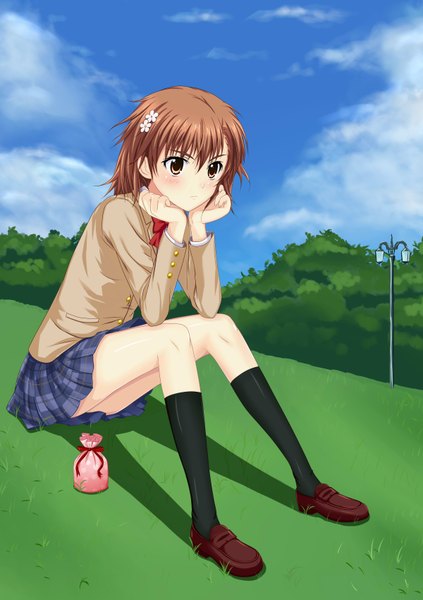 Anime picture 2400x3400 with to aru kagaku no railgun to aru majutsu no index j.c. staff misaka mikoto kamiko to seiryoku single tall image blush fringe highres short hair hair between eyes brown hair sitting brown eyes sky cloud (clouds) full body outdoors long sleeves