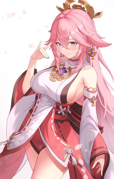 Anime-Bild 2571x4050 mit genshin impact yae miko vic 1223 single long hair tall image fringe highres breasts light erotic simple background hair between eyes large breasts white background purple eyes animal ears looking away pink hair traditional clothes japanese clothes