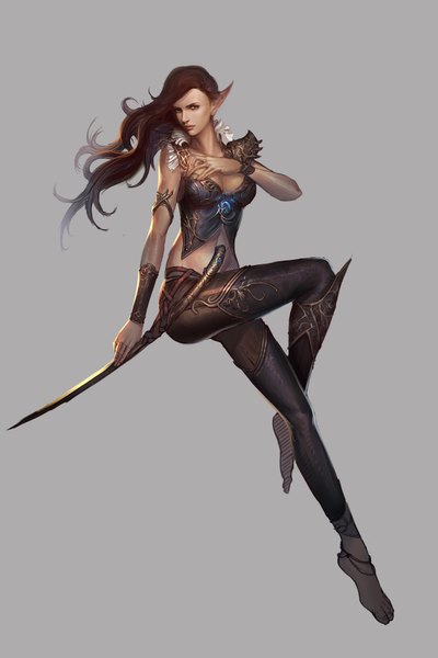 Anime picture 1300x1946 with original agidulle (artist) single long hair tall image simple background brown hair bare shoulders brown eyes looking away pointy ears grey background girl weapon sword