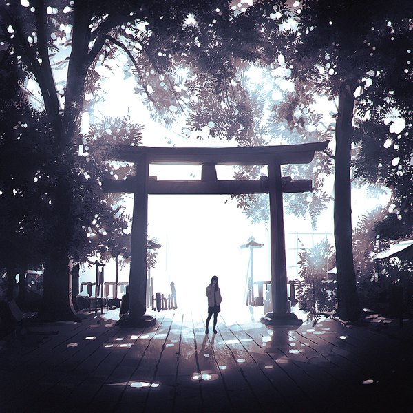 Anime picture 1080x1080 with original ilya kuvshinov single long hair standing full body open jacket shadow monochrome hand to mouth girl plant (plants) tree (trees) jacket torii