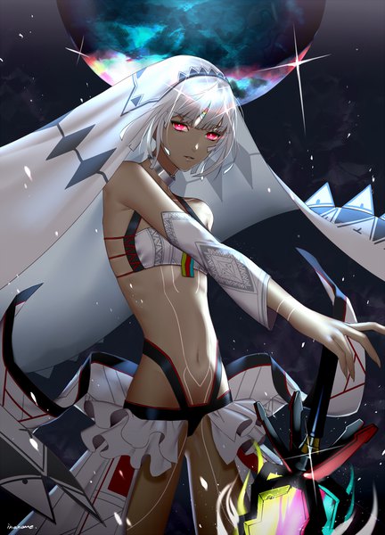 Anime picture 1296x1800 with fate (series) fate/grand order altera (fate) inanome me single tall image looking at viewer short hair light erotic standing silver hair pink eyes sparkle outstretched arm dark skin glowing glowing eye (eyes) girl navel weapon