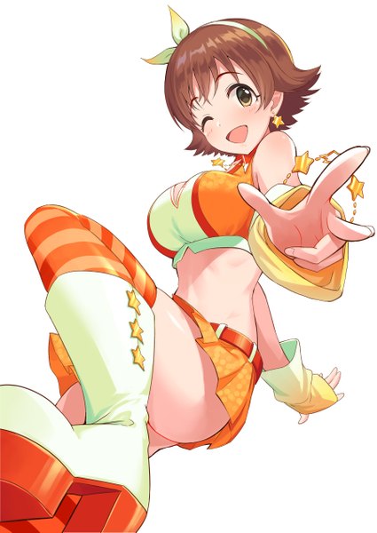 Anime picture 900x1271 with idolmaster idolmaster cinderella girls honda mio tamakaga single tall image looking at viewer blush fringe short hair breasts open mouth light erotic simple background brown hair white background yellow eyes head tilt pleated skirt one eye closed