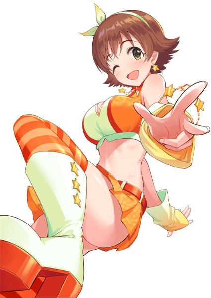 Anime-Bild 900x1271 mit idolmaster idolmaster cinderella girls honda mio tamakaga single tall image looking at viewer blush fringe short hair breasts open mouth light erotic simple background brown hair white background yellow eyes head tilt pleated skirt one eye closed