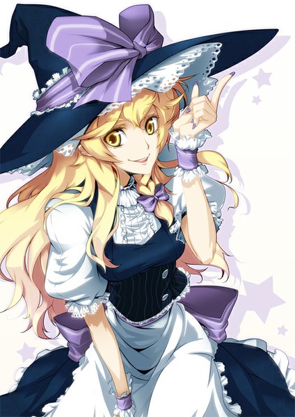 Anime picture 566x800 with touhou kirisame marisa hong (white spider) single long hair tall image fringe simple background blonde hair smile white background yellow eyes short sleeves girl dress skirt bow hat witch hat skirt set