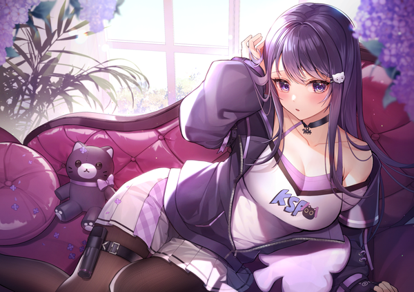 Anime picture 1414x1000 with virtual youtuber indie virtual youtuber ksp (vtuber) dayuh single long hair fringe breasts hair between eyes large breasts purple eyes cleavage purple hair indoors adjusting hair partially open clothes girl flower (flowers) pantyhose choker