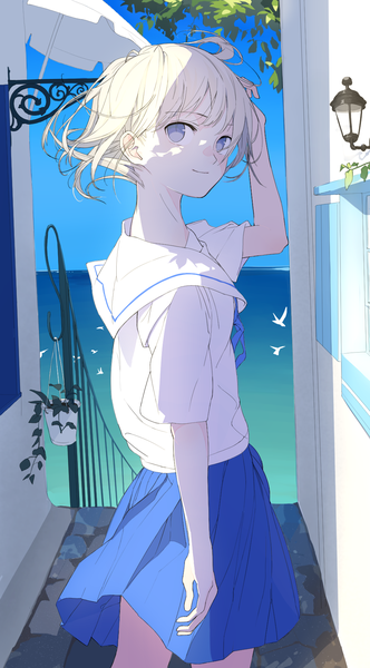 Anime picture 961x1734 with original aspara single tall image looking at viewer short hair blue eyes smile sky ahoge white hair pleated skirt looking back sunlight shadow short sleeves adjusting hair horizon flying white skin