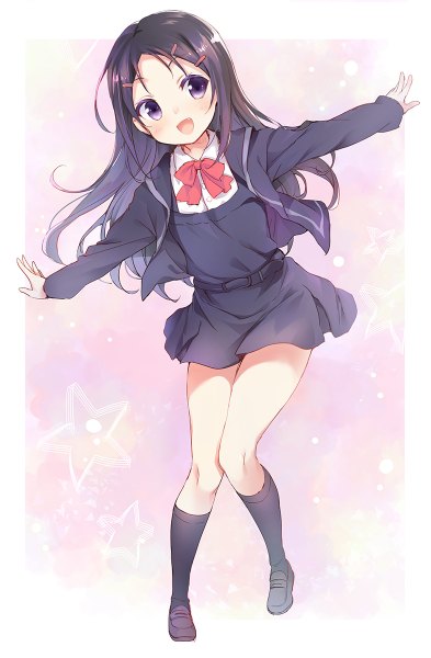 Anime picture 786x1200 with charlotte p.a. works otosaka ayumi chiyingzai single long hair tall image blush open mouth black hair purple eyes looking away teeth fang (fangs) border spread arms girl skirt uniform hair ornament