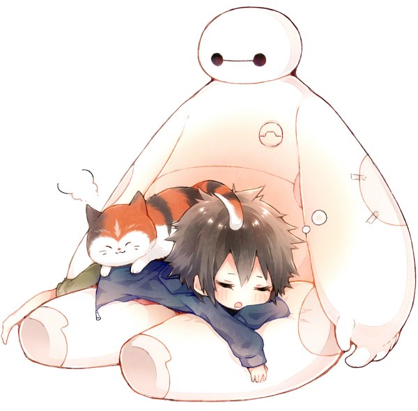 Anime picture 1200x1180 with big hero 6 disney hiro hamada (big hero 6) baymax (big hero 6) niwako blush fringe short hair open mouth black hair simple background white background sitting lying barefoot open jacket eyebrows on stomach sleeping chibi