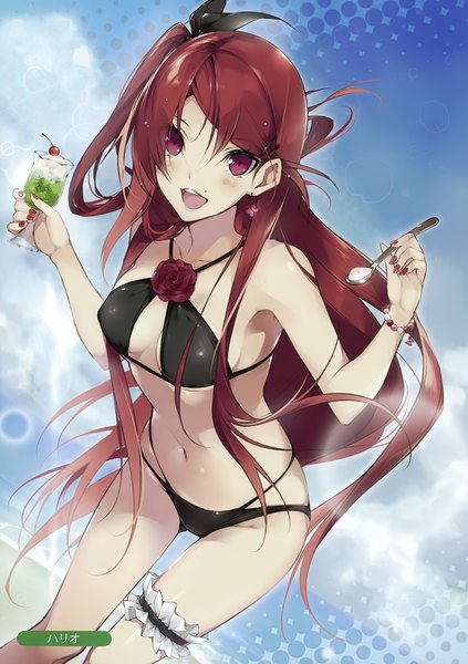 Anime picture 2465x3500 with melonbooks hario 4 single tall image looking at viewer blush fringe highres breasts open mouth light erotic hair between eyes standing holding payot sky cloud (clouds) red hair very long hair nail polish