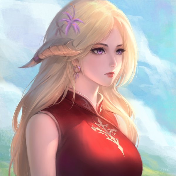 Anime picture 1200x1200 with final fantasy final fantasy xiv square enix au ra chaosringen single long hair fringe breasts blonde hair purple eyes looking away sky cloud (clouds) upper body outdoors horn (horns) lips realistic sleeveless