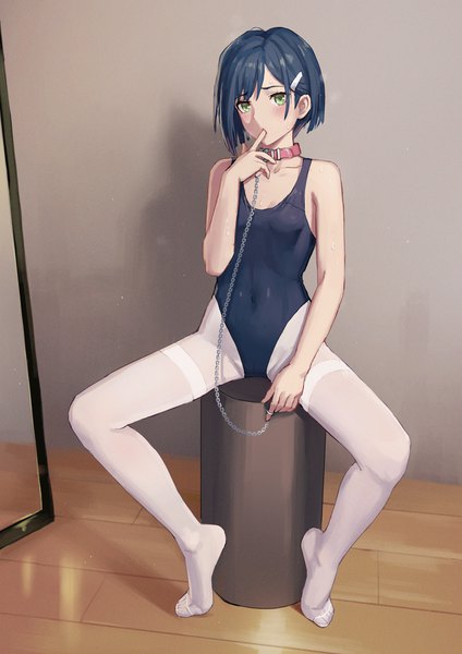Anime picture 818x1158 with darling in the franxx studio trigger ichigo (darling in the franxx) mool yueguang single tall image looking at viewer blush fringe short hair light erotic black hair sitting green eyes full body no shoes finger in mouth girl pantyhose bobby pin