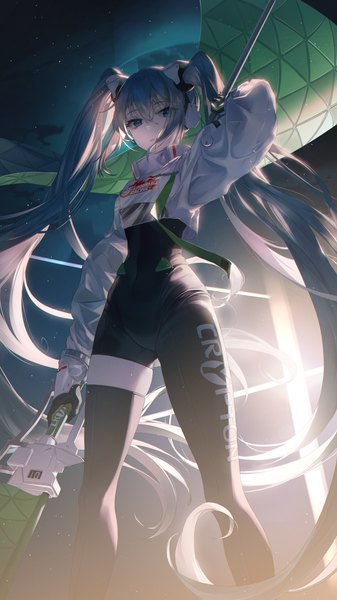 Anime picture 1789x3181 with vocaloid goodsmile racing hatsune miku racing miku racing miku (2022) tellmedor single tall image looking at viewer fringe highres blue eyes hair between eyes standing twintails very long hair from below zettai ryouiki dark hair girl