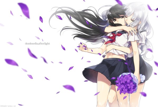 Anime picture 1500x1013 with vocaloid katsu saame amegami rai long hair looking at viewer fringe black hair simple background standing white background multiple girls brown eyes silver hair eyes closed pleated skirt wind inscription bare belly hug text