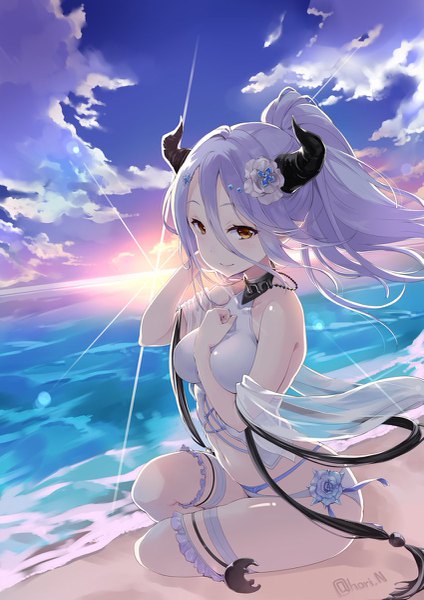 Anime picture 849x1200 with granblue fantasy izmir nino (shira) single long hair tall image looking at viewer blush fringe breasts light erotic smile hair between eyes sitting bare shoulders brown eyes signed sky cloud (clouds) outdoors